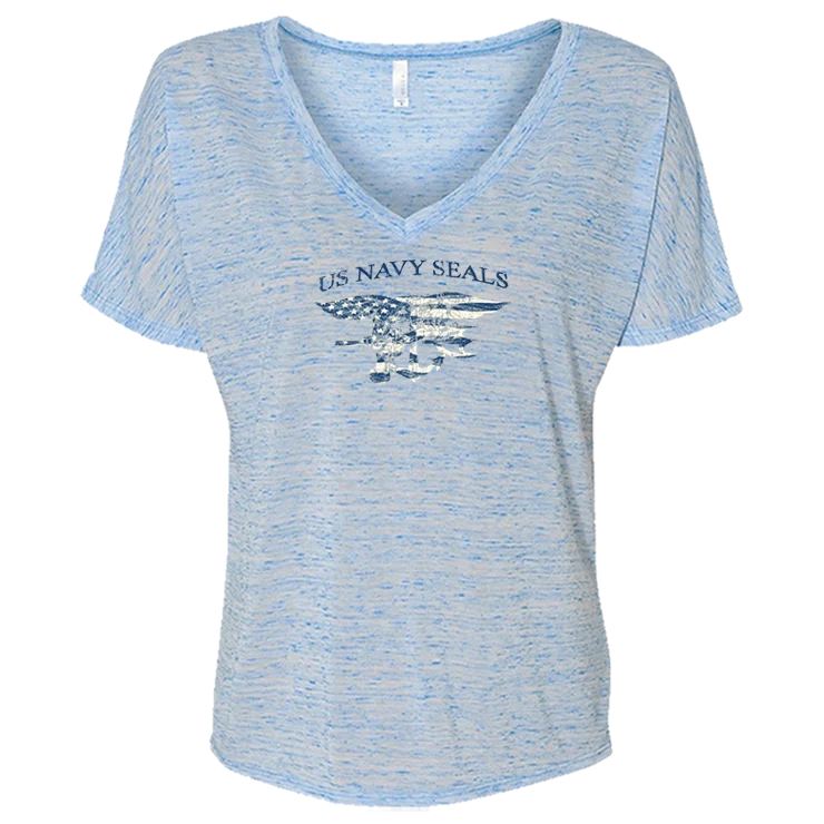 Ladies US NAVY SEALS with Navy/White Trident Flag V-neck Slouch Tee