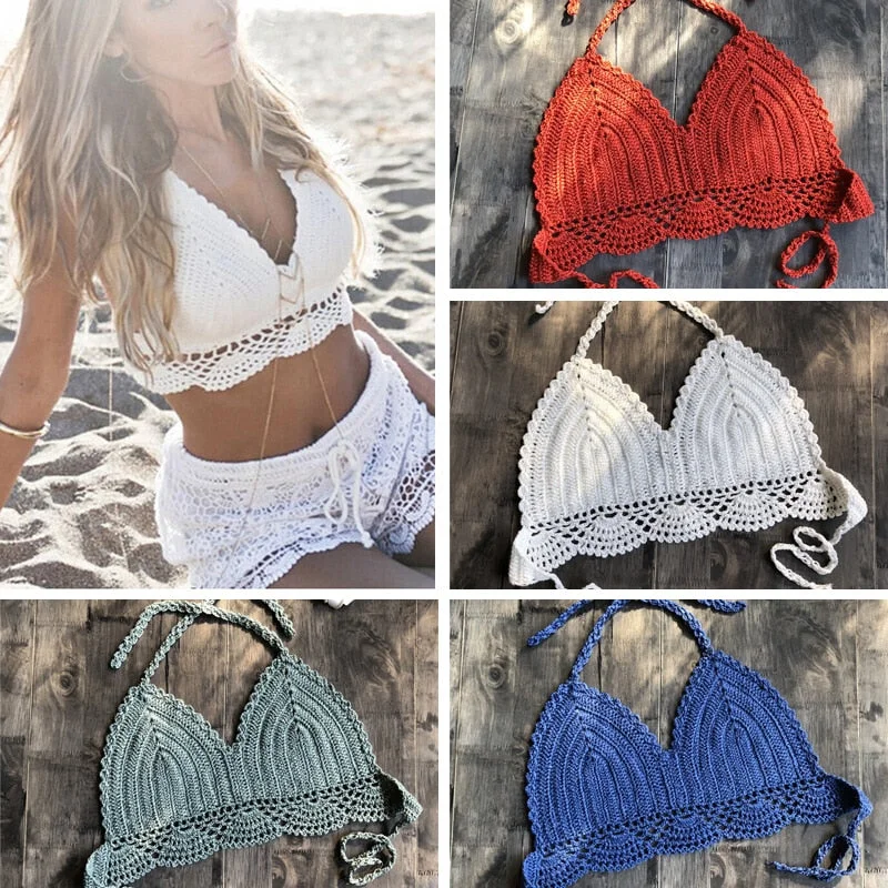 New Bikini Top Handmade Crochet Women Boho Beach Bralette Solid