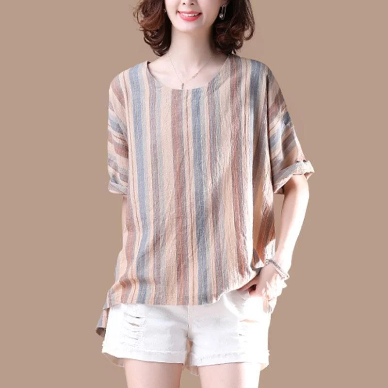 brief cotton blouses plus size clothing Irregular Stripe Short Sleeve Women Summer T-shirt