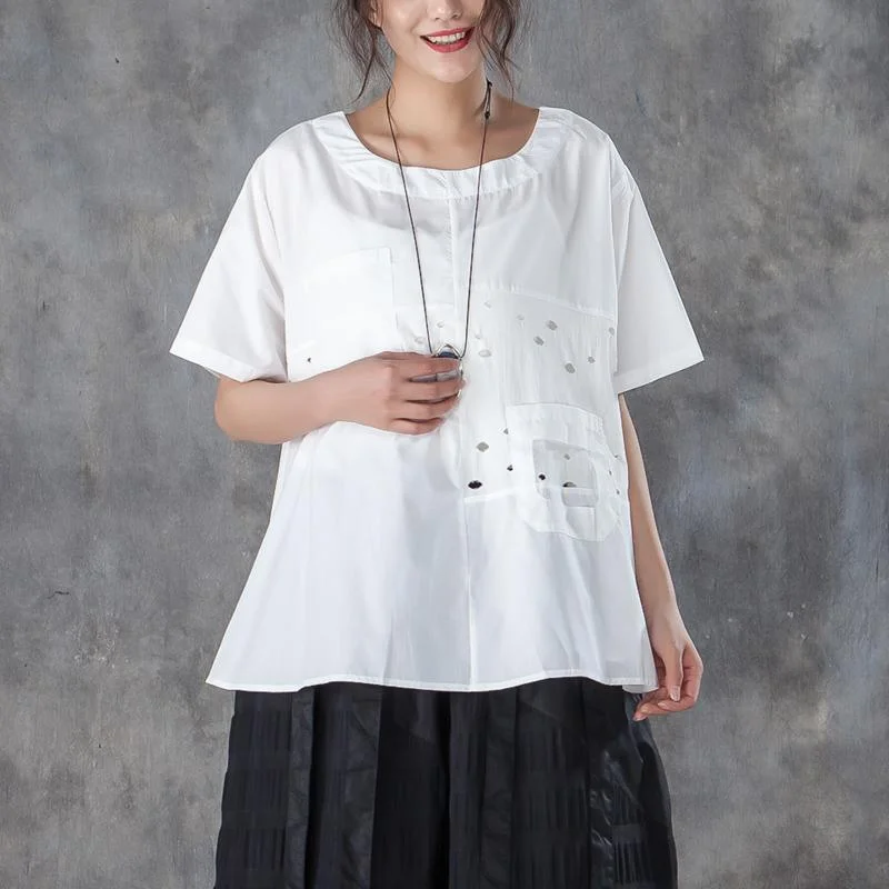 fashion summer cotton tops plus size Loose Round Neck Short Sleeve Pure White T-shirt