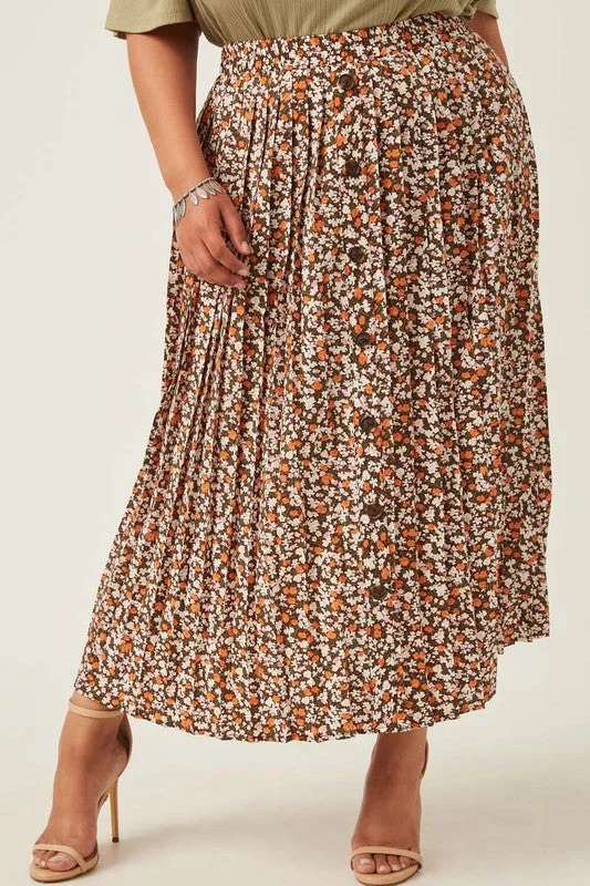 Floral Button up Pleated Skirt - EX