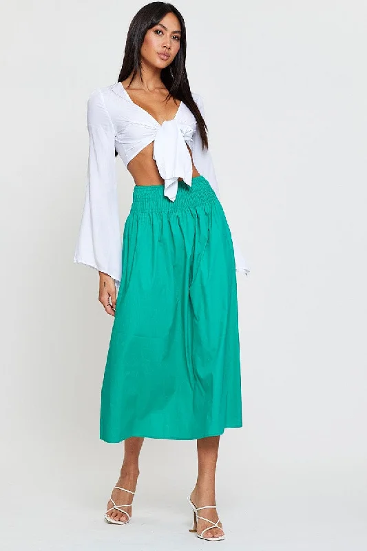 Green Midi Skirt High Rise Shirred Waist