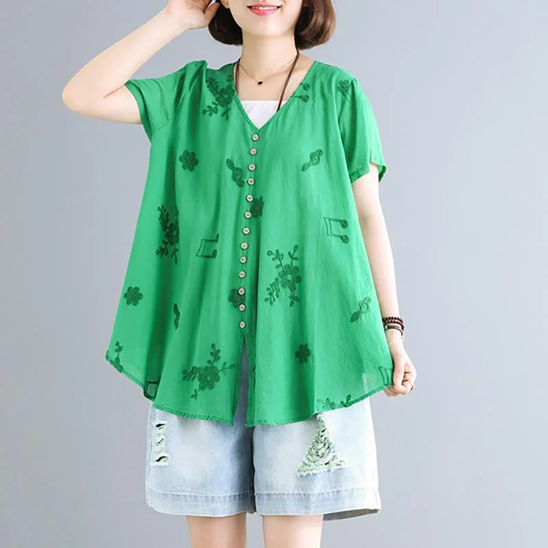 Handmade cotton clothes For Women Indian Embroidered Plant And Note Loose T-Shirt