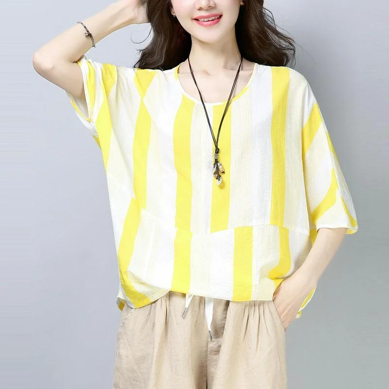 top quality cotton blouses oversized Casual Summer Short Sleeve Yellow Stripe T-shirt