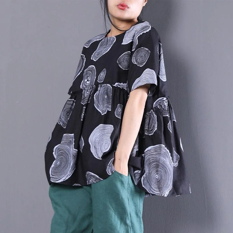 top quality cotton linen shirts trendy plus size Women Short Sleeve Printed Cotton Linen Black T-shirt