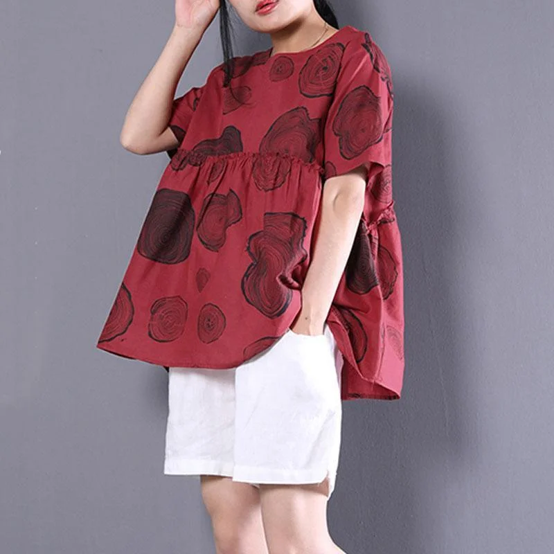 top quality cotton linen tops trendy plus size Women Short Sleeve Printed Cotton Linen T-shirt