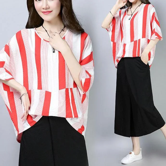 top quality summer cotton tops plus size Casual Summer Women Short Sleeve Red Stripe T-shirt