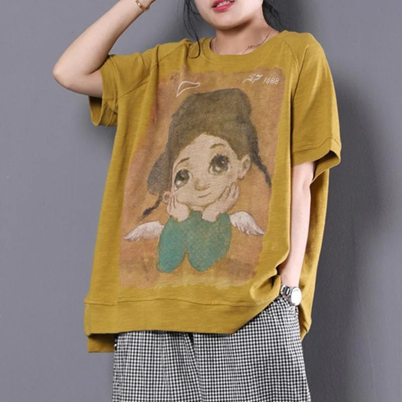 vintage cotton blouses trendy plus size Loose Cartoon Printed Short Sleeve Yellow T-shirt