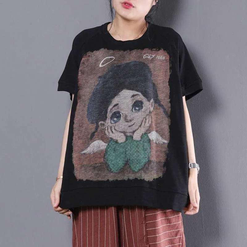 vintage summer cotton tops plus size Loose Cartoon Printed Short Sleeve Black T-shirt