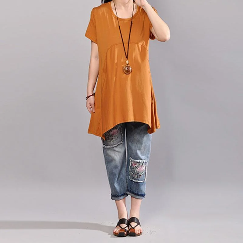 women cotton blouse plus size clothing Casual Women Summer Pure Color Round Neck T-shirt