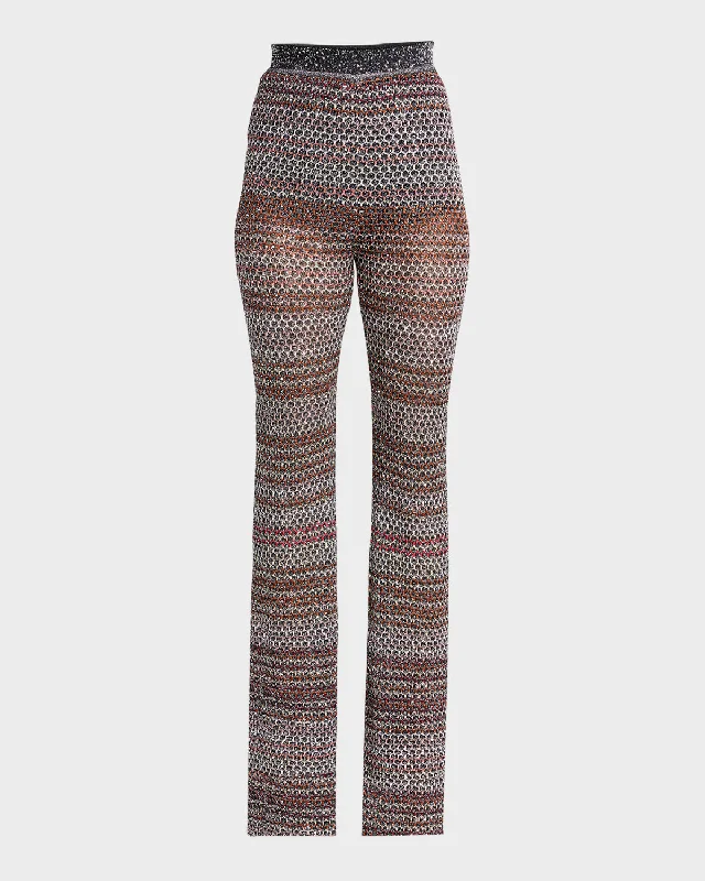 High-Rise Paillette Striped Knit Straight-Leg Pull-On Trousers