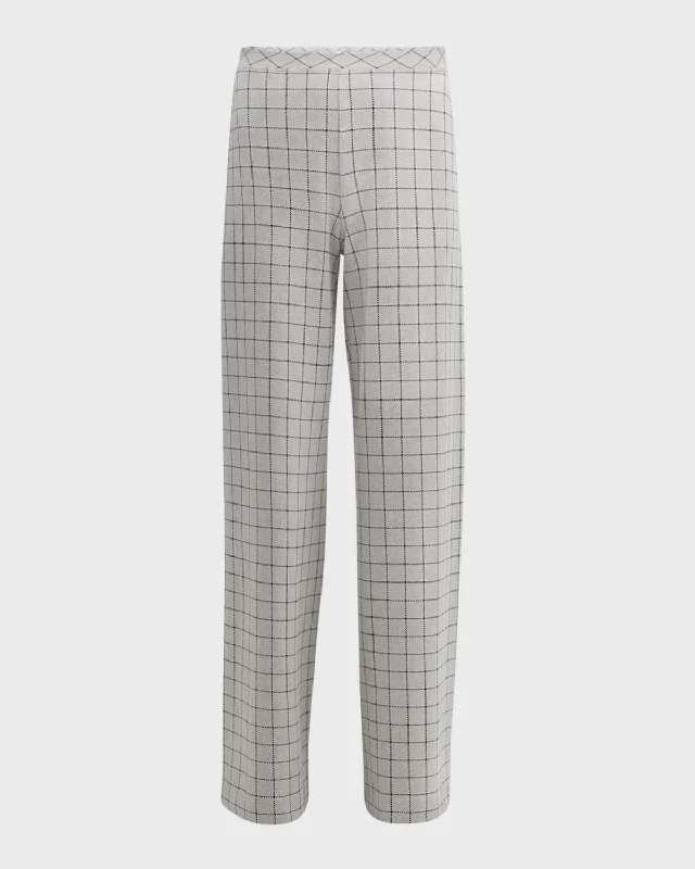 Mid-Rise Windowpane Wide-Leg Pull-On Trousers