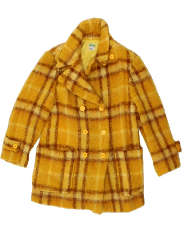 BENETTON Womens Double Breasted Coat UK 10 Small Yellow Check