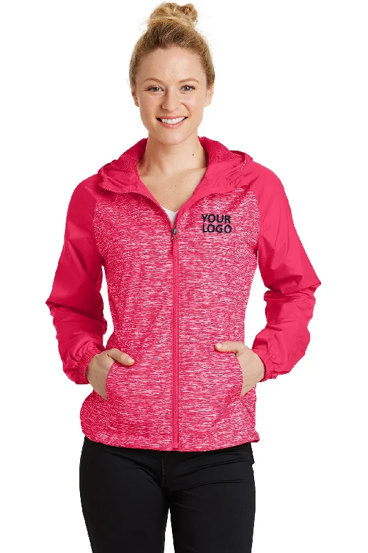 Sport-Tek Ladies Heather Colorblock Customized Raglan Hooded Wind Jackets, Pink Raspberry Heather/ Pink Raspberry