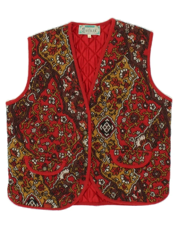 VINTAGE Womens Gilet UK 14 Medium Red Floral Lambswool