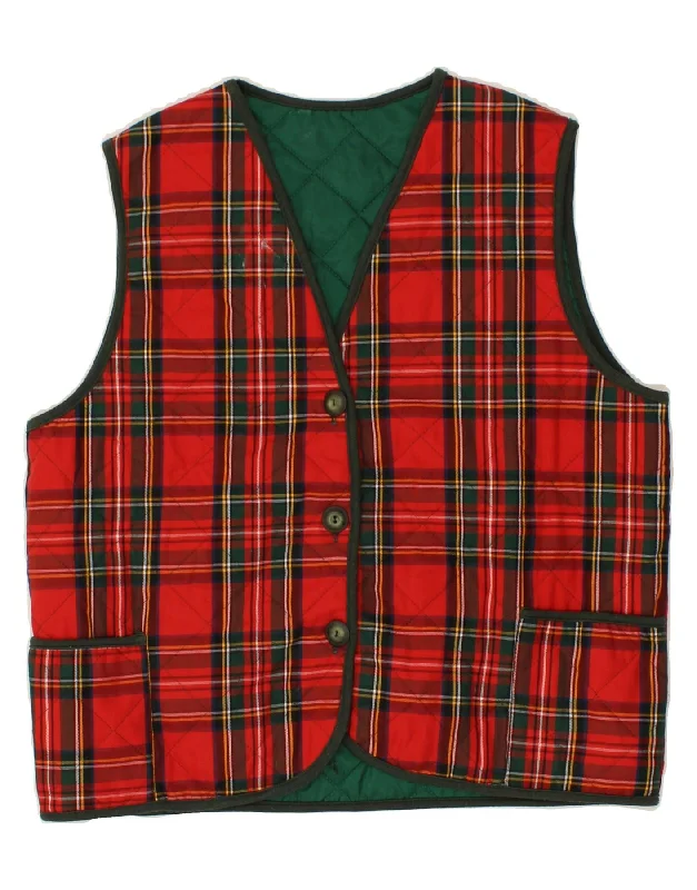 VINTAGE Womens Quilted Gilet IT 46 Large Red Check Polyester