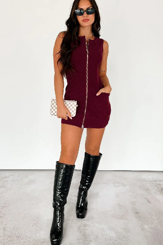 Binda Zip-Up Corduroy Dress (Maroon)