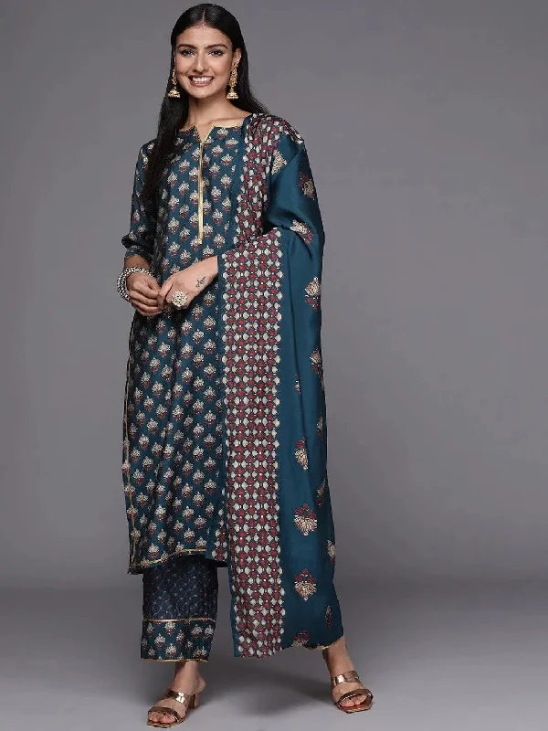 Blue Printed Silk Blend Straight Kurta With Trousers & Dupatta