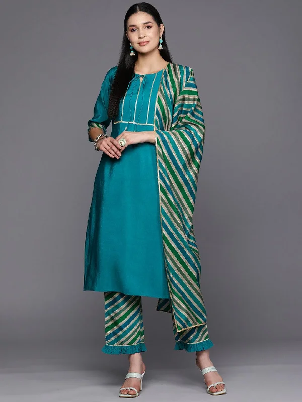 Blue Yoke Design Silk Blend Straight Kurta With Trousers & Dupatta