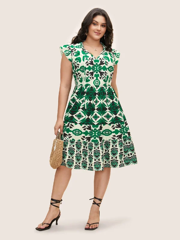 Boho Print Tie Knot Ruffle Cap Sleeve Dress