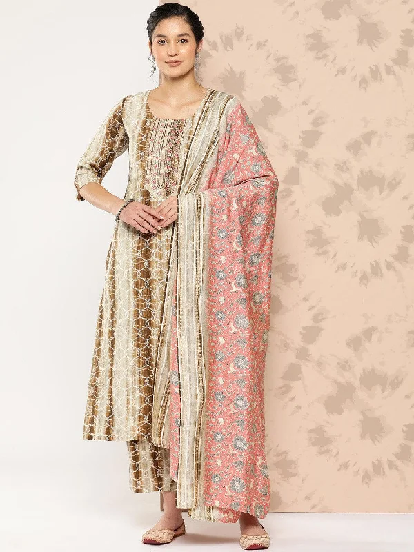 Brown Printed Silk Blend Straight Kurta With Trousers and Dupatta