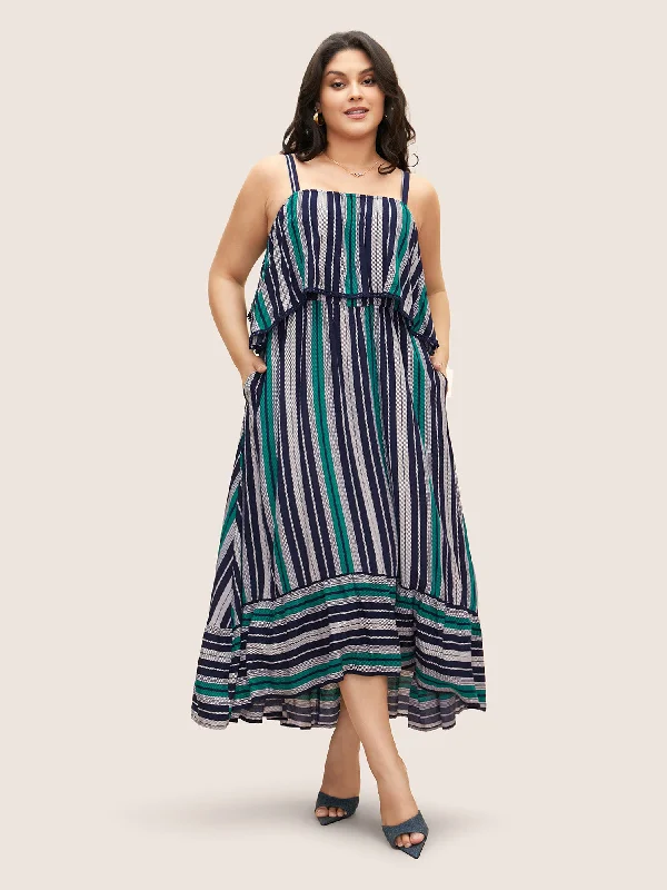 Contrast Striped Ruffles Woven Ribbon Dress