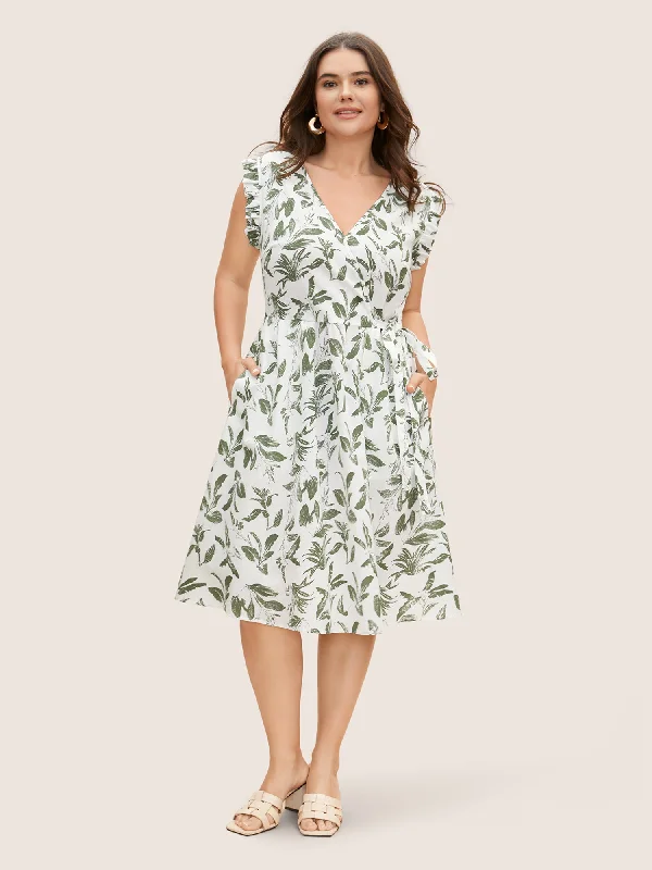 Floral Print Wrap Ruffle Cap Sleeve Dress