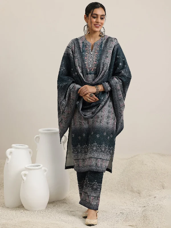 Grey Printed Wool Blend Straight Suit With Dupatta