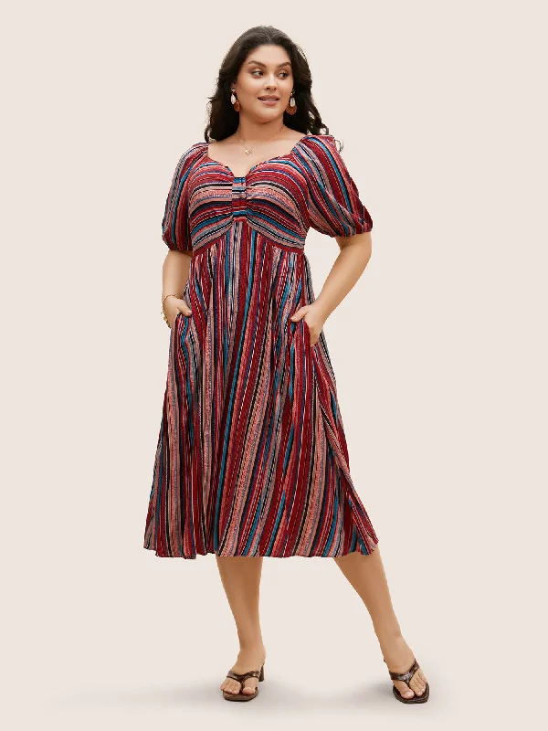 Heart Neckline Striped Lantern Sleeve Dress