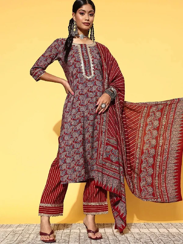 Maroon Printed Silk Blend Straight Kurta With Dupatta