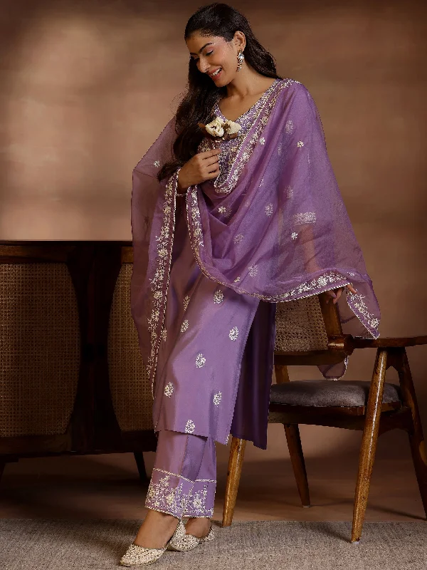 Mauve Embroidered Silk Blend Straight Suit With Dupatta