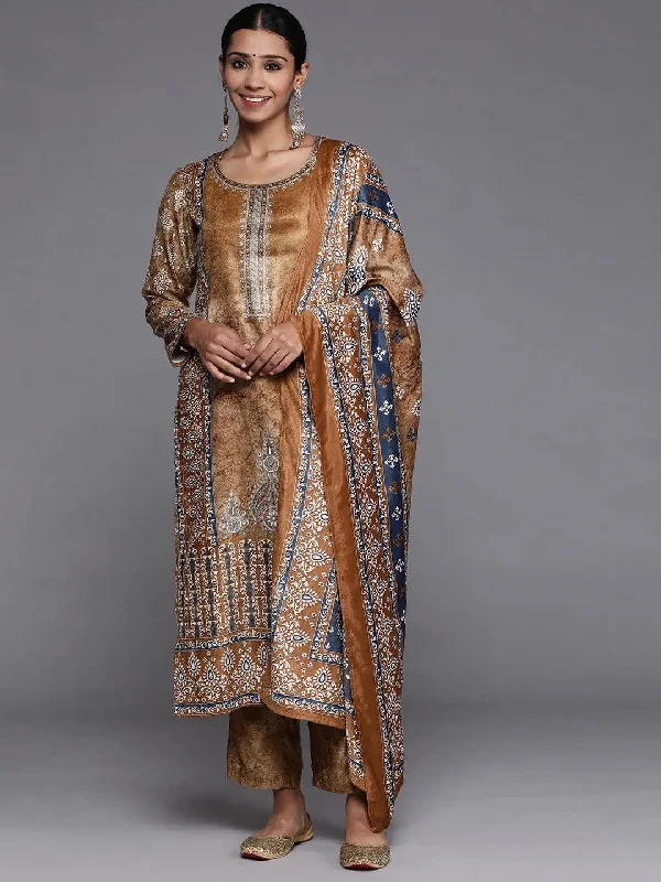 Mustard Printed Velvet Straight Kurta With Dupatta