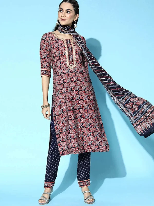 Navy Blue Printed Silk Blend Straight Kurta With Dupatta