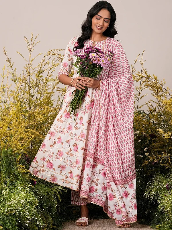 Off White Printed Cotton Anarkali Suit With Dupatta