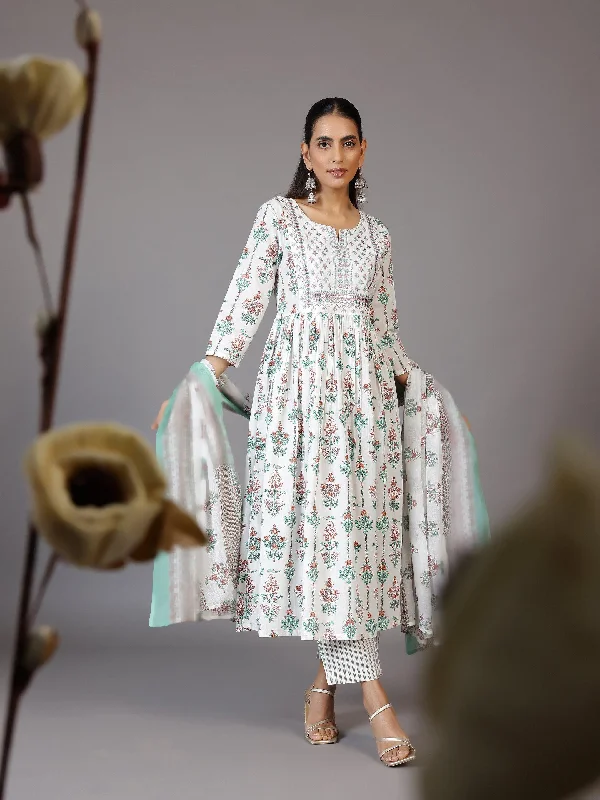 Off White Printed Cotton Anarkali Suit With Dupatta