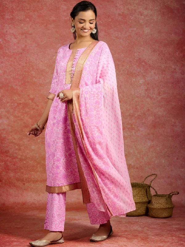 Pink Printed Cotton Straight Suit With Dupatta