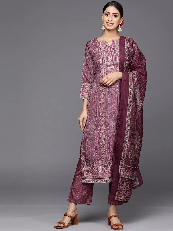 Purple Printed Crepe Straight Kurta With Trousers & Dupatta