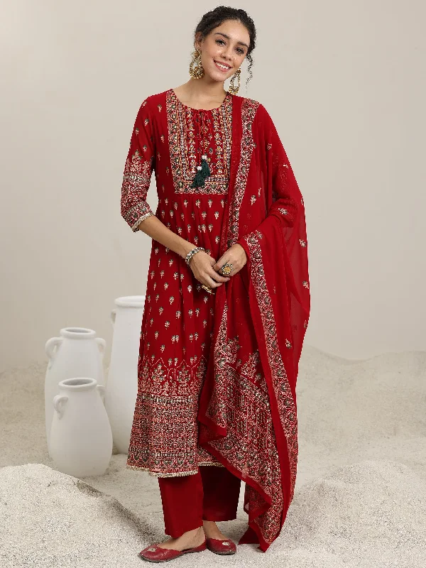 Red Printed Georgette Anarkali Suit With Dupatta