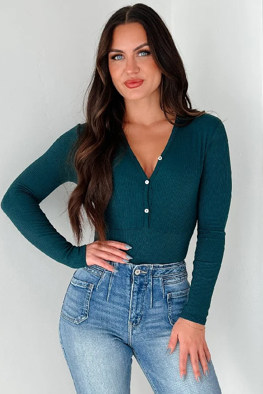 Smile Often Button Front Long Sleeve Bodysuit (Hunter Green)