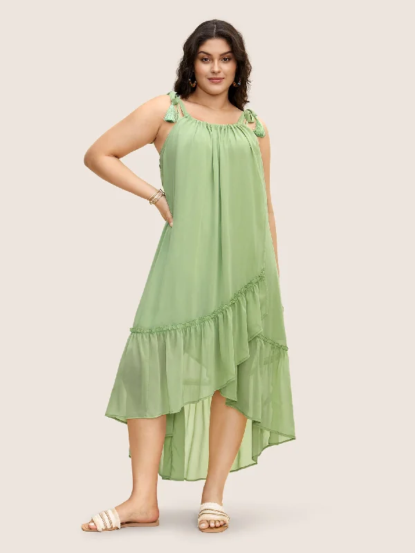 Solid Ruffles Tie Knot Tassel Trim Mesh Dress