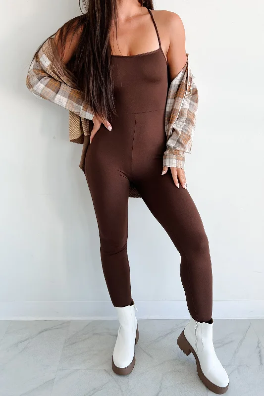 Time To Walk Away Lace-Up Back Jumpsuit (Coffee)