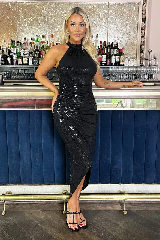 Black Rectangular Sequin Halter Neck Draped Wrap Skirt Midi Dress