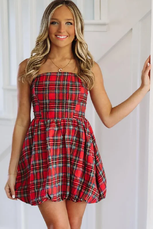 Holiday in Style Balloon Mini Dress - Red Plaid