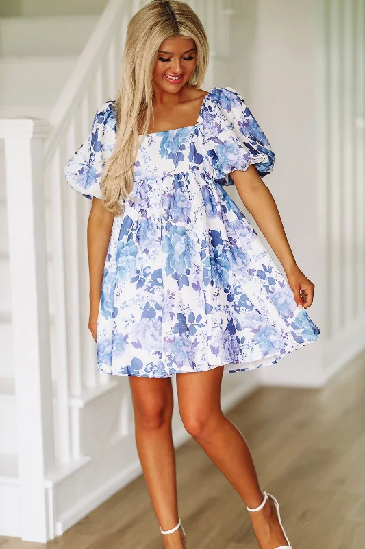 In the Air Floral Mini Dress - Blue and White