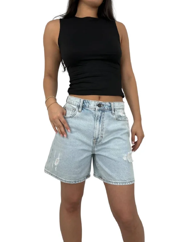 Distressed Straight Leg Denim Shorts In Light Blue