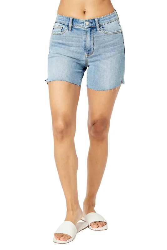 Mid Rise Cut-Off Denim Short In Blue