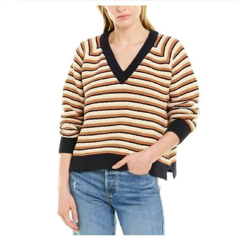 Arden Pullover V-Neck Cotton Stripe Sweater In Navy, White, Yellow