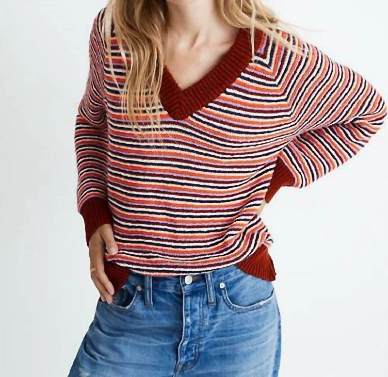 Arden V-Neck Crop Pullover Cotton Stripe Sweater In Maroon, White, Orange, Lilac