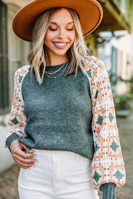 Give You The Best Forest Green Crochet Sleeve Sweater