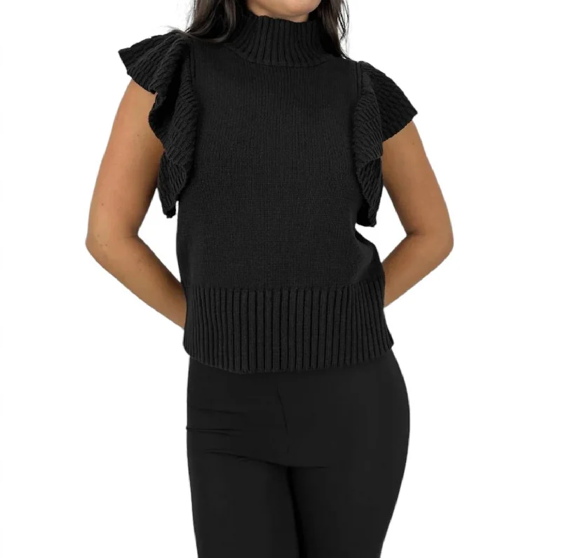 Mock Neck Flutter Sleeve Sweater In Black